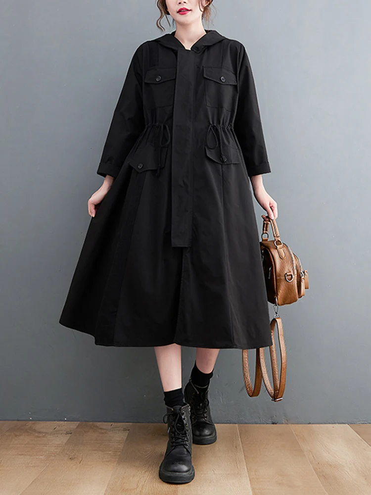  Autumn Winter Cotton Vintage Oversized Long Trench Coat For  es Hooded Drawstri - £149.93 GBP