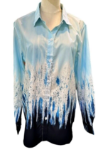 Vala Nio Top Shirt Tunic Size Large Blue White Long Sleeves Rayon Elasta... - $23.95