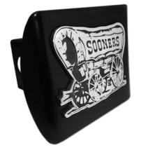 OKLAHOMA SOONER SCHOONER EMBLEM ON BLACK METAL USA MADE TRAILER HITCH COVER - £63.38 GBP