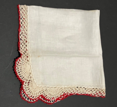 Handkerchief Linen Red Scalloped Crochet Edge 12 inch Vintage  - $5.91