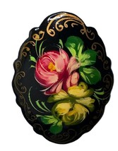 Russian Black Lacquer Floral oval Vintage Flowers Brooch Pin 2&quot; - £7.43 GBP