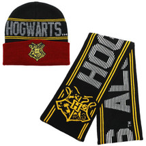 Harry Potter Hogwarts School Name and Crest Logo Knit Scarf &amp; Beanie Set UNWORN - £18.93 GBP