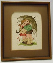 Children Under An Umbrella Cross Stitch Embroidery Art Spring Rain Framed 12X14 - £51.18 GBP