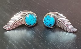Turquoise and Sterling Silver Southwestern Feather Vintage Screwback Earrings - £63.60 GBP
