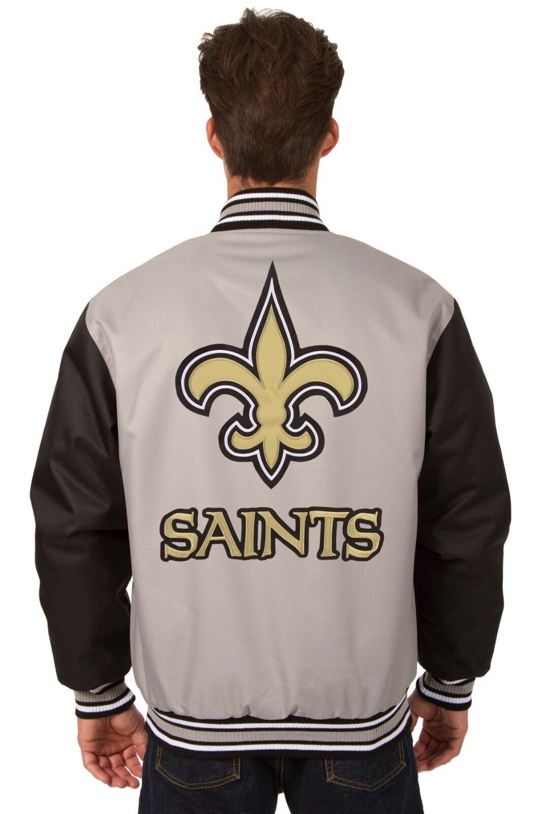NFL New Orleans Saints  Poly Twill Jacket Grey Black Patch Logos   JH Design - £112.26 GBP