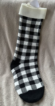 Buffalo Plaid Holiday Christmas Knit Stocking Ivory &amp; Black Checked Decor New - £14.38 GBP