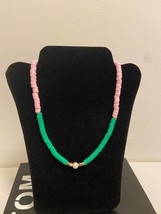 Heishi beads necklace polymer disc multicoloured green pink beaded handmade unis - £11.96 GBP