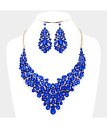 Elegant Blue Teardrop Crystal and Rhinestone Gold Cluster Necklace Set - £55.93 GBP