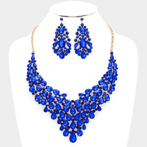 Elegant Blue Teardrop Crystal and Rhinestone Gold Cluster Necklace Set - $69.99