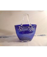 Handblown Cobalt Blue &quot;Pocketbook&quot; vase with HB Crystal Handle. - $16.27 CAD
