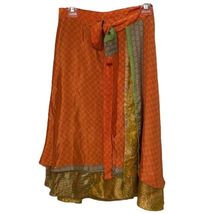 Earthbound Reversible Silk Wrap Midi Boho Skirt Orange Gold Green OSFM - £16.51 GBP