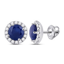 14kt White Gold Womens Round Blue Sapphire Diamond Halo Earrings 1-1/5 Cttw - £590.63 GBP