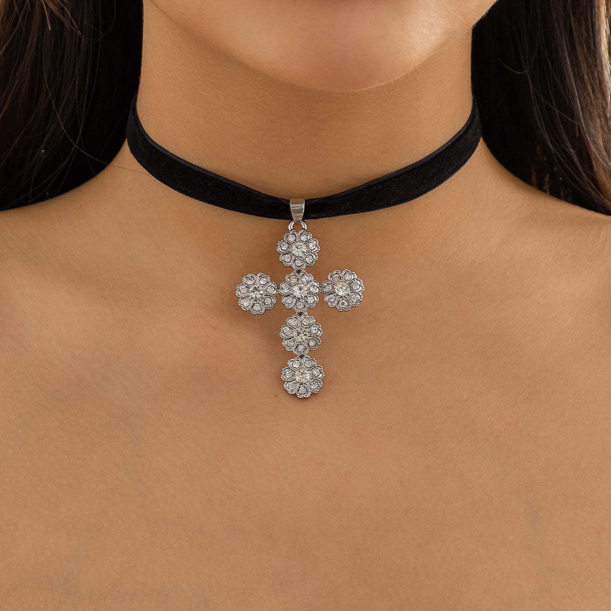 Primary image for Cubic Zirconia Silver-Plated Flower Cross Pendant Choker