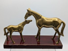 Vintage Brass Ranch Mare Colt Horse Foal Metal Statue Figure Wood Base - £37.94 GBP