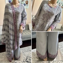 Pakistani Gray 3 Pcs Fancy  Chiffon Dress with embroidery &amp; Squins work,S - £89.59 GBP