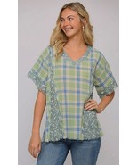 New GIGIO Size S M L Green Blue Plaid Floral Mix Oversized Cotton V Neck... - $23.00