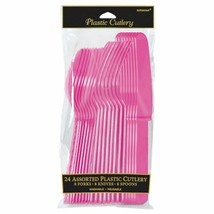 Hot Pink Plastic 24 Cutlery Asst Forks Knives Spoons - $3.46