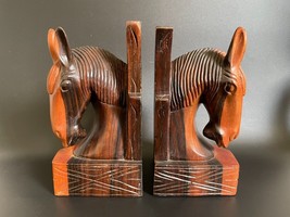 VTG Mid Century Modern Rosewood Horse Bust Bookends Carving Sculpture 8⅝&quot; Tall - £82.37 GBP