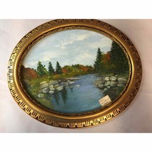 Vintage Acrylic Painting Landscape River Raymon Da Cassata Carved Gilt Frame - £63.30 GBP