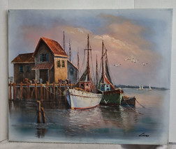 Vintage Original oil painting of N.E. Fishing Seascape Harbor by John Luini - £113.53 GBP