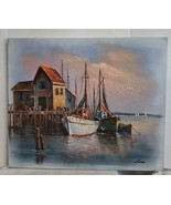 Vintage Original oil painting of N.E. Fishing Seascape Harbor by John Luini - £113.35 GBP