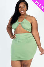Plus Size Green 2 pcs Sexy Solid Crisscross Halter Top &amp; Ruched Mini Ski... - £11.98 GBP