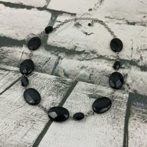 Beaded Necklace Silver Toned Chain Large Black Oval Beads vintage  - £9.46 GBP