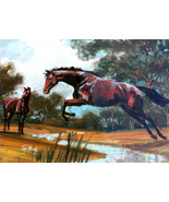 VINTAGE 1973 Horse Jumping Painting ~ 12 1/2&quot; x 17&quot; - $130.00