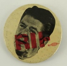 Vintage Political Button Anti Ronald Reagan RIF Overstamp Reduction In F... - $14.49
