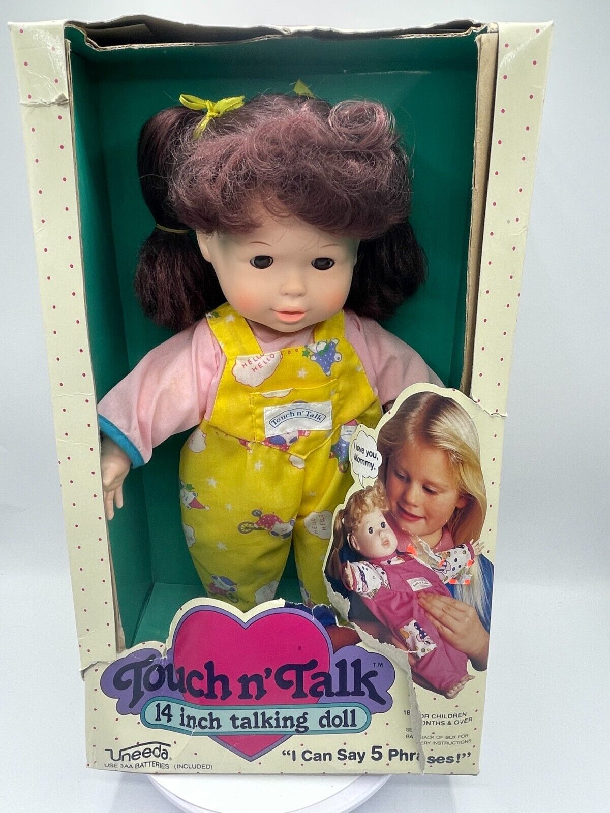Vintage Uneeda Touch n&#39; Talk 14&quot; Baby Doll 1991 Close Eyes Girl Red-Brow... - $14.24