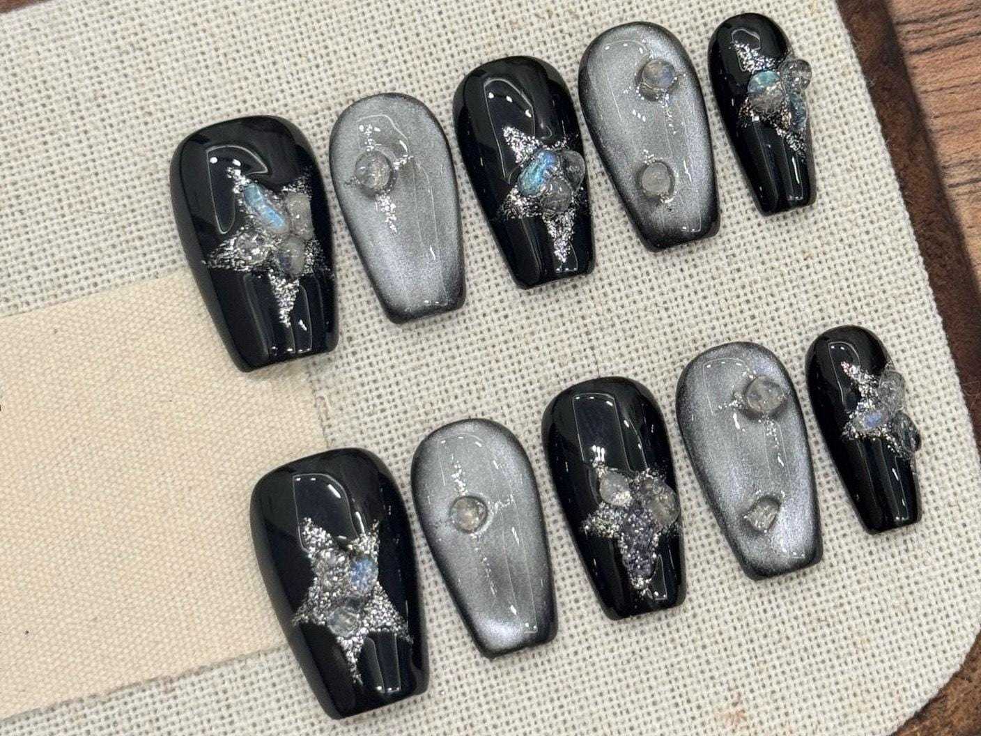 Galaxy Sparkle Press-On Toe Nails – Black &amp; Silver Starry Set glue on ce... - $23.99