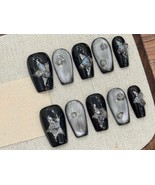 Galaxy Sparkle Press-On Toe Nails – Black &amp; Silver Starry Set glue on ce... - €21,19 EUR