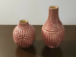 West Elm Mauve 2 Pc. Decorative Lined Maze Retro Modern Heavy Ceramic Vase Set - $49.45