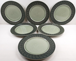 6 Pfaltzgraff Shadow Box Jade Dinner Plates Set Green Embossed Rim Band Dish Lot - £86.68 GBP