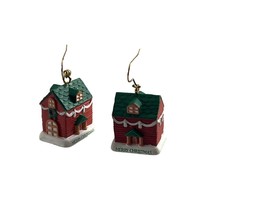 Merry Christmas House Earrings Silver Tone Hooks Green Red Holiday Acrylic - £9.46 GBP