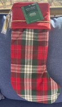 Holiday Living Red Green White Plaid Christmas Stocking 19” Quilted Gold Tassels - £15.64 GBP