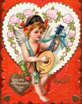 c1890 Embossed Cupid Playing Mandolin Guitar Valentine Postcard - £13.27 GBP
