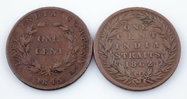 1845-1862 Straits Colonies Cents plein De 2 Pièces, Km #3 &amp; Km #6 - $1,447.62 MXN