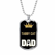 Cat Dad Gift Tabby Cat Cat Dad Necklace Stainless Steel or 18k Gold Dog Tag 24&quot;  - £26.78 GBP