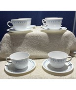 70&#39;s Corelle Livingware Snowflake Blue Ring Handle Flat Cups &amp; Saucers S... - $19.80
