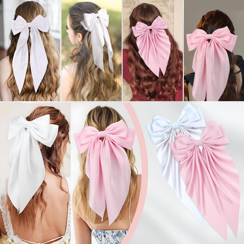 2 Pcs Hair Accessories for Women - Hair Bows for Girls in White and Pink, Silky  Item image 2