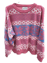 VTG Fairy Kei Chateau Sweater Pink 80’s 90’s Crew Neck Womens L Snowflakes  - $60.59