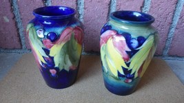 Pair Of Moorcroft Art Pottery 6&quot; Leaf &amp; Berry Vases Paper Label 1928-36 Exc Cond - £510.07 GBP