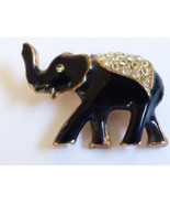 GOLD TONE METAL BLACK ENAMEL CLEAR CRYSTAL RHINESTONES ELEPHANT PIN BROOCH - £11.37 GBP