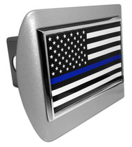 POLICE THIN BLUE LINE USA FLAG BRUSHED CHROME USA MADE METAL TRAILER HIT... - £60.04 GBP