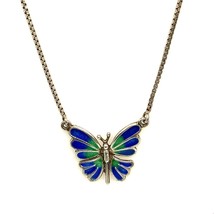 Vtg Signed Sterling Silver Enamel Butterfly Pendant Square Link Chain Necklace - £51.42 GBP