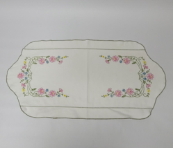 Table Runner Vintage Embroidered Floral Dresser Scarf 27&quot; x 13 1/2&quot; Pink Green - $7.92