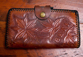 Vintage 70s BETH Handtooled Hippy Floral Brown Leather Large Wallet Chan... - £29.09 GBP