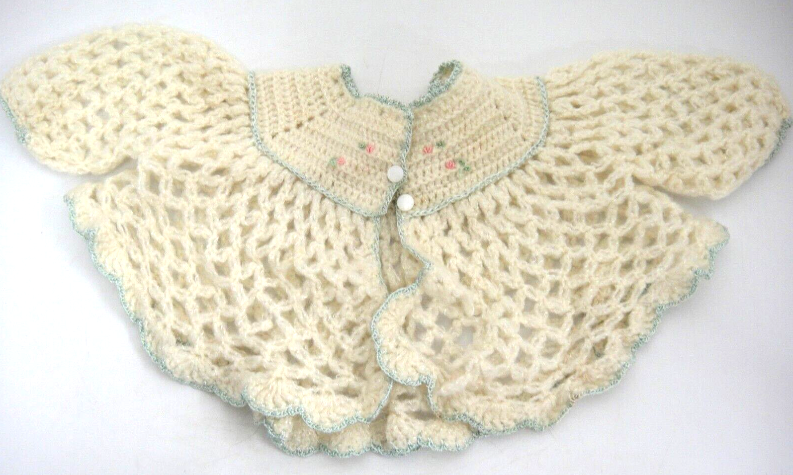 Primary image for Vintage Infant Crocheted Sweater 2 Buttons Pink Flowers Green Edging Hole
