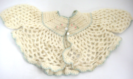 Vintage Infant Crocheted Sweater 2 Buttons Pink Flowers Green Edging Hole - £10.28 GBP